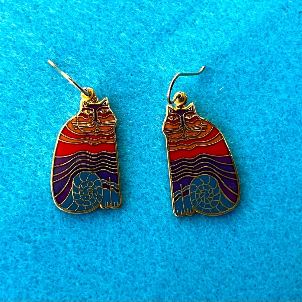 Vintage 80s signed Laurel Birch "Rainbow Cats" french hook earrings